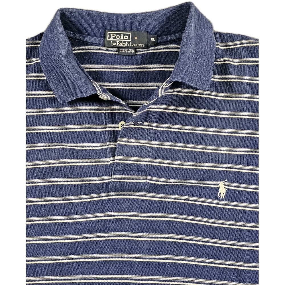 Polo Ralph Lauren‎ Mens XL Polo Shirt Blue Stripe Short Sleeve Cotton White Pony